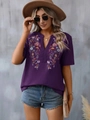 Short-sleeved purple V-neck embroidered top with retro floral patterns for women - S / Tops / Purple