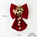 Red velvet Christmas bow with gold bells and pine cones, 45cm hanging ornament - Large Red Double Bell Bow G (25x45cm)