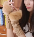 Knitted fingerless gloves in beige with faux fur cuffs and cable knit texture - Camel