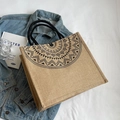 Ethnic jute tote bag with black geometric patterns and circular woven handles - Semi-circle Print