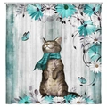 Waterproof polyester shower curtain with tabby cat in blue scarf and daisy floral pattern - Floral Cat M2312