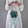 Close-up of blue dried baby's breath bouquet in a gift bag with glowing LED string lights - New Blue Gypsophila with Light Gift Bag Greeting Card