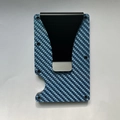 Minimalist blue carbon fiber RFID wallet with integrated black metal money clip - Blue