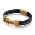 Men's black woven leather bracelet with industrial gold stainless steel clasp - 19cm / Style B Gold (KB117788-KFC)