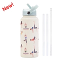 White stainless steel sports bottle with yoga patterns, straw set, and carry handle - Ivory White 23Y