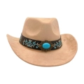 Classic beige western cowboy hat with turquoise center and floral embroidered band - Camel [Wide Leather Embroidery]