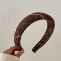 Brown herringbone knit headband with high top design and handmade woven fabric texture - Milk Tea Herringbone Plaid