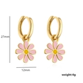 Detail of gold daisy drop earrings with pink enamel petals and 27mm height measurements - Pink Earrings