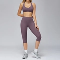 Two-piece yoga set with V-neck bra and high-waisted leggings in smoky purple matte fabric - Mauve (Bra+Capris)