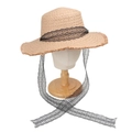 Close-up of beige straw hat featuring black lace ribbon and raw edge brim detail - M (56-58cm) / Light Beige Straw With Black Lace Ribbon (B#)