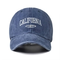 Detailed close-up of white California West Coast embroidery on washed blue baseball cap - Adjustable / Navy Blue