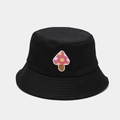 Close-up of pink mushroom embroidery detail on black cotton bucket hat for style - M (56-58cm) / Cute Mushroom Black