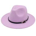 Close-up of lavender wool fedora hat featuring a black leather band and golden buckle - M (56-58cm) / Taro Purple (Black Leather Band)