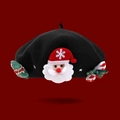 Black wool beret featuring festive Santa, candy cane, and Christmas tree decorations - M (56-58cm) / Black