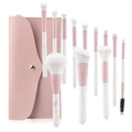 11-piece pink marble makeup brush set with leather pouch for powder and eyeshadow - Clear Sky Pink + Pink Button Pouch