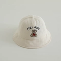 Close-up of bear embroidery and FEEL GOOD text on waffle texture kids bucket hat - 48-50cm (1-2 Years) / Beige