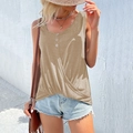 Detail of khaki sleeveless top featuring a front knot hem and decorative button neckline - Khaki