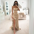 Robe longue élégante en satin champagne avec fines bretelles et fente haute sexy - XS / Champagne