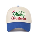 Close-up of Merry Christmas embroidery on a beige and blue five-panel trucker hat - Sapphire Blue