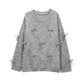 Grey knit sweater featuring elegant diamond patterns and 3D bow accents for women - S / Gray
