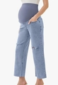 Side view of maternity light blue jeans with navy blue belly band and distressed knee - Azure Blue