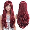 Peluca larga ondulada para cosplay color vino tinto con flequillo y volumen natural - Burdeos