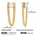 Détail de boucles d'oreilles en acier 18K avec zircon carré et infos de dimensions - Boucles d'Oreilles Chaîne en U Strass Carré (JDE0110034)