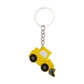 Close-up of a cartoon yellow bulldozer PVC keychain with a silver metal ring and chain - Bulldozer Keychain