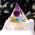 Orgone crystal pyramid with amethyst ball, gold foil, and energy symbol in resin - White Purple Lotus / Small