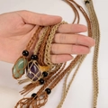 Handmade woven net necklace with natural green and purple crystal pendants and beads - Mesh 3-5cm / Brown