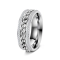 Silver stainless steel spinner ring with center chain and double row crystals - Silver