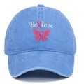 Close-up of pink ribbon butterfly embroidery and Believe text on sky blue denim cap - Adjustable / Light Blue