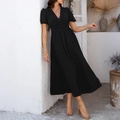 Schwarzes Damen-Midikleid mit V-Ausschnitt, Puffärmeln, Knöpfen und Schlitz in der Taille - XS / Schwarz