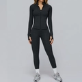 Slim fit brushed yoga set in charcoal grey including zipper jacket and matching leggings - S / Top And Bottom / Black