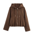 Women's dark brown faux suede hooded bomber jacket with metallic silver zipper closure - XS / Brown