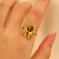 Vintage style gold stainless steel flower ring featuring a polished brown gemstone center - Gold Floral Shape Style (A-296) / Gold/Brown