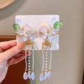 Traditional Chinese purple flower hair clips with green leaves and bead tassels - Blue Shell Flower Clips