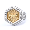 Detailed macro shot of a hexagonal Viking rune ring in silver and gold stainless steel - Size 16 / Two-Tone Gold & Silver Tree of Life Style (26504)