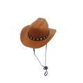Detailansicht brauner Haustier-Cowboyhut mit Goldsternband und verstellbarem Kordelzug - Klein 13.5cm / Brauner Samt Stern