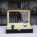 Uhrenbox aus schwarzem PU-Leder mit 12 Fächern, beige Samt und Glasfenster - 12 Fächer