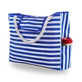 Blue striped canvas tote detail with thick cotton rope handles and side storage pocket - Blue and White Stripes