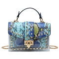 Blue and green snakeskin pattern jelly bag with gold rivets and transparent PVC cover - Blue Snake Pattern With Handle