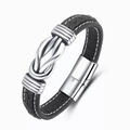 Men's black braided leather bracelet with silver infinity knot and magnetic clasp - Steel Color Black Leather