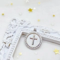 Silver round cross pendant with clear cubic zirconia in a white floral vintage frame - Round Cross / Silver