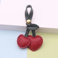 Pastel PU leather cherry keychain with red heart charms and gold snap fastener - Green Stem Wine Red Fruit