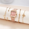 Close-up of a pink square face watch set with rose gold and Love lettering bracelets - Watch + Bracelet Set / Pink