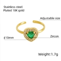 18K gold plated stainless steel ring with a green heart zircon and adjustable band - Gold with Green Zirconia
