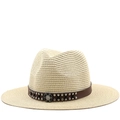 Classic straw cowboy hat with brown leather band and silver studs on white background - M (56-58cm) / Beige
