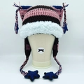 Pink and brown striped cat ear knit beanie with faux fur trim and star charms - Pink and Black Striped