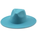 Classic teal wide brim wool felt jazz fedora hat with flat brim for men and women - M (56-58cm) / Lake Blue